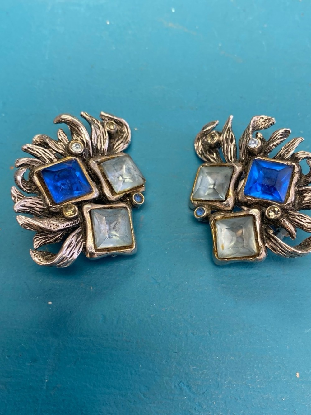 Vintage signed Agnes 1920 Blue and silver tone  Clip-On Earrings